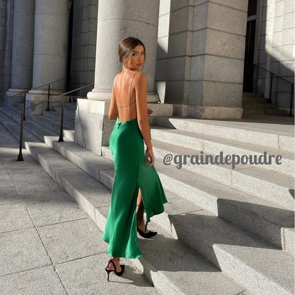 Rare Zara Blogger Green Pure Silk Backless Slip Dress M L Rare Zara Blogger Green Pure Silk Backless Slip Dress M L